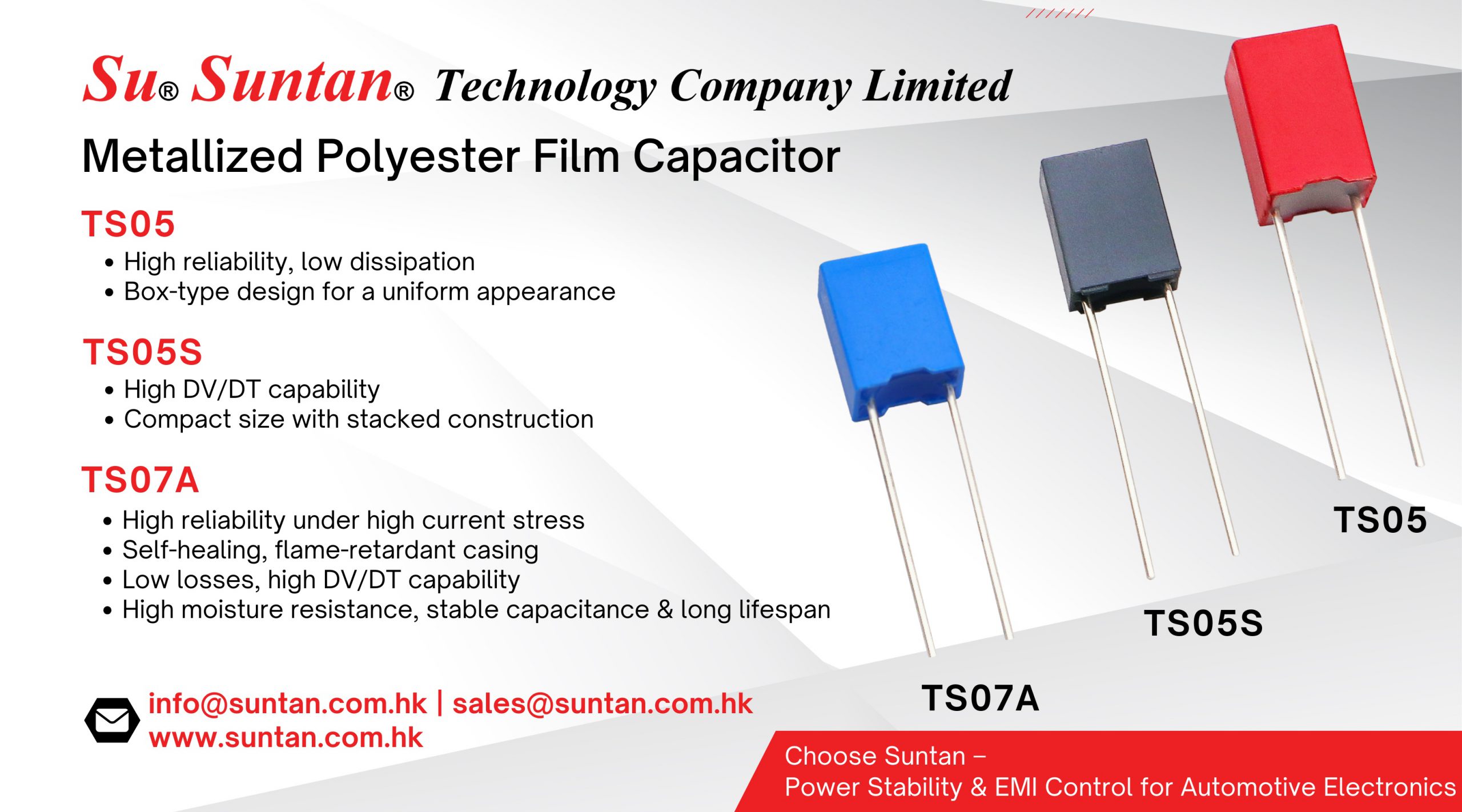 Boost Automotive Power Stability & EMI Suppression with Suntan Film Capacitors
