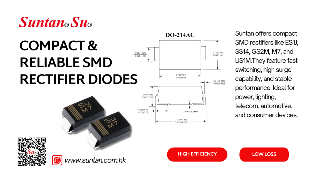 Suntan® SMD Rectifier Diodes – M7, US1 Series, DO-214AC Package for Power and Consumer Devices