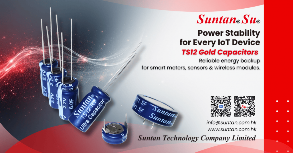 Suntan TS12 Gold Capacitors provide reliable energy backup for IoT devices such as smart meters, sensors, and wireless modules, ensuring power stability and long cycle life.