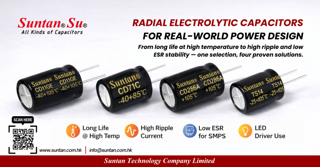 Low impedance radial electrolytic capacitors for SMPS output filtering and high frequency ripple current handling